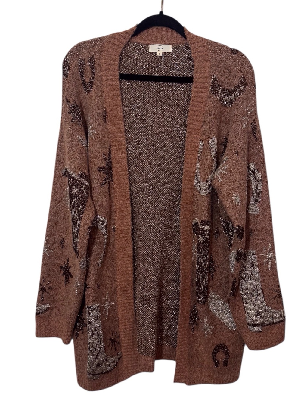 Entro Small Cowboy Boots Open Front Cardigan Sweater Western Rodeo Metallic